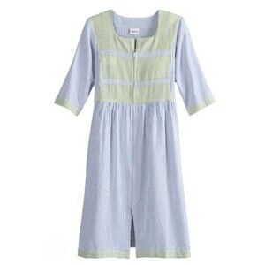 Vermont Country Store Women's Medium Seersucker Robe Nightgown Blue Green Stripe